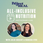 gradient background graphic with "All-Inclusive Nutrition Instagram Live" text. Julia Cassidy and Rebecca Eyre's headshots below.